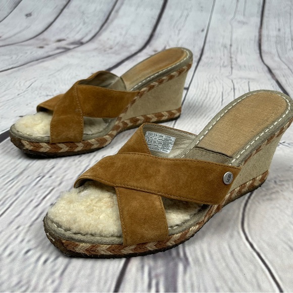 UGG Margot suede wedge sandals fur lined light brown slip on shoes, size 8 - Picture 9 of 13